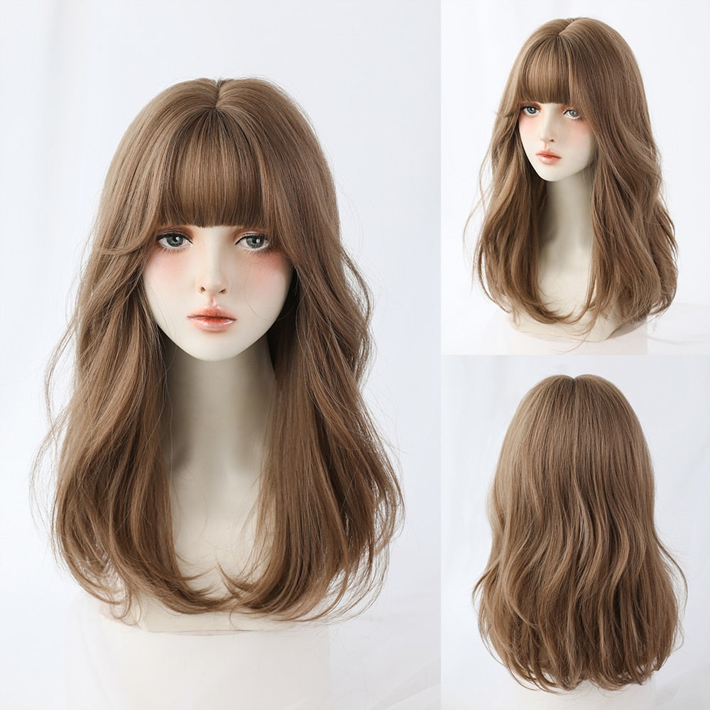 Long Curly Hair Women Wig with Bangs Daily Brown Black Pink Lolita Cosplay Braided Wigs Heat Resistant Fiber