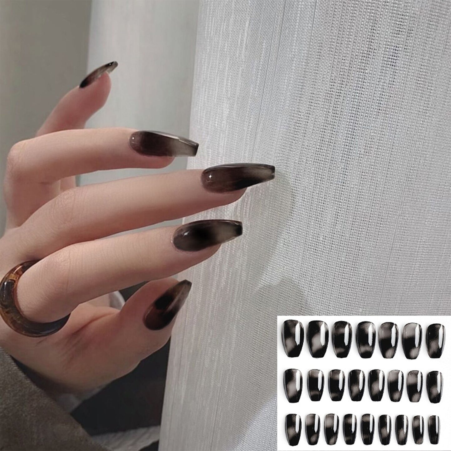24pcs Almond Full Cover y2k black Sweet Fake Nails with glue cool Stiletto press on nails French artificial Nails With designs