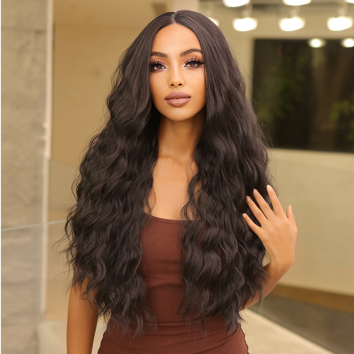 13x4Long Curly Wavy Lace Front Synthetic Wigs Dark Black Brown Deep Wave Lace Wigs Natural Cosplay Futura Hair