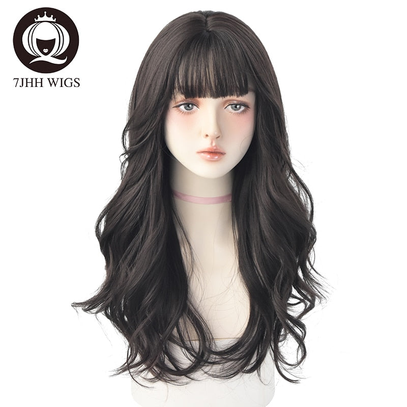 WIGS Brown Ash Long Deep Wave Hair Lolita Wigs With Bangs Synthetic Wig For Women Thick Curls Wigs