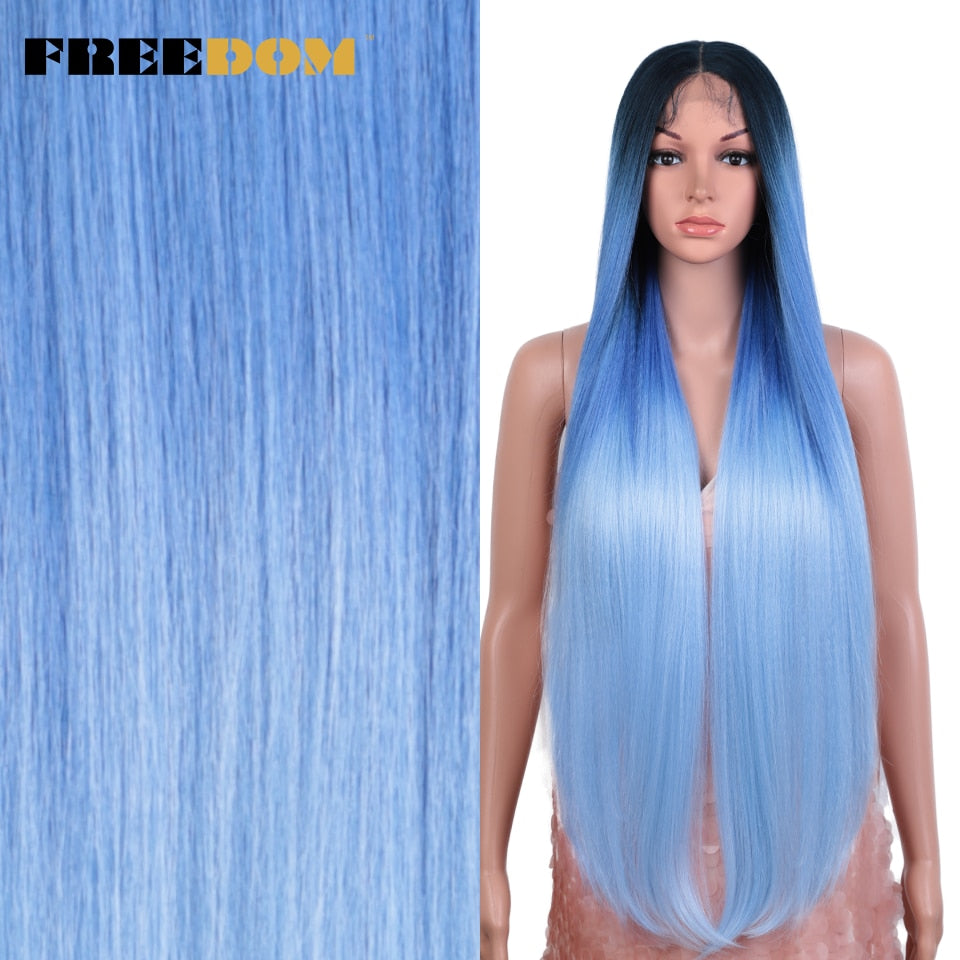 Straight Synthetic Lace Wigs For Women Ombre Brown Handtied Lace Wig 36 Inch Middle Part Long Blue Pink Cosplay Wig