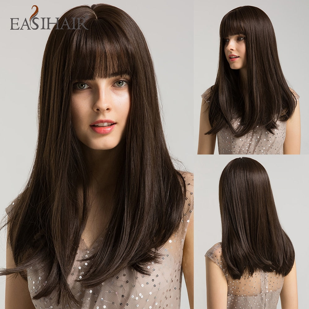 Long Straight Bangs Wigs Natural Ombre Dark Brown Synthetic Hair Wig for Women Daily Cosplay Party Heat Resistant Fiber