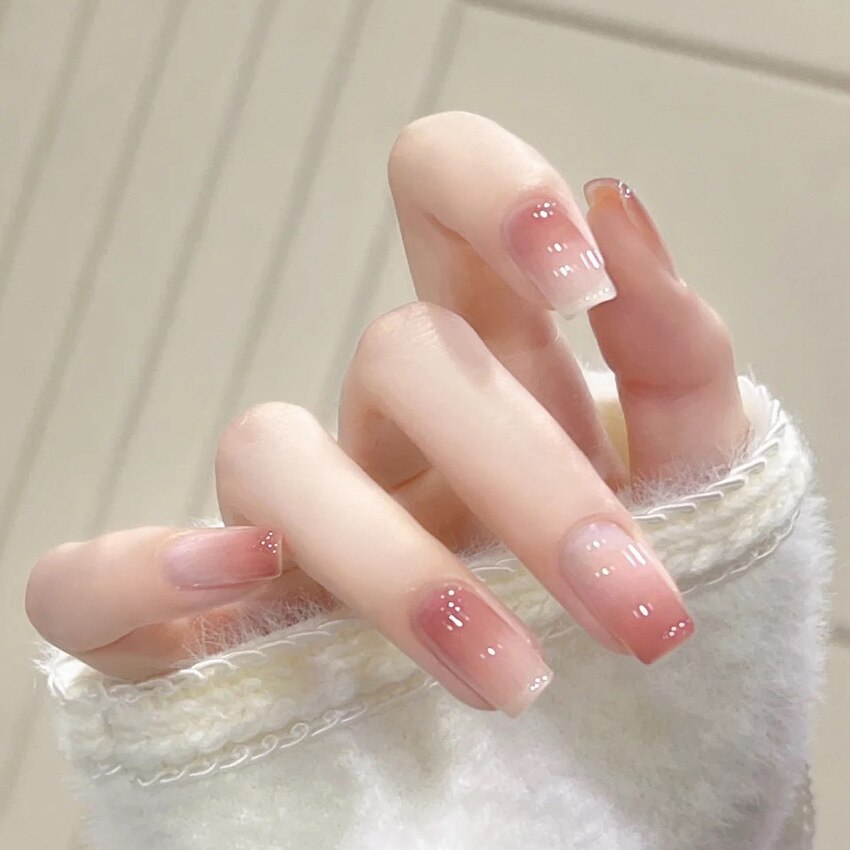 24pcs pink clouds design false nails with glue press on nails medium length acrylic nails coffin full cover nails tips supplies