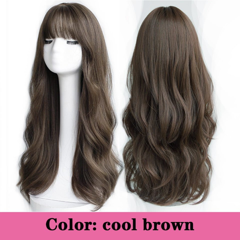 Synthetic long wavy curly hair female cold brown black cosplay Lolita pink purple blue wig heat-resistant bangs