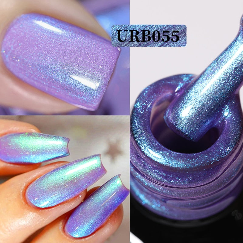 Aurora Rubber Gel Nail Iridescent Pearl Effect Metallic Mirror Nails Manicure Soak Off UV LED No Wipe Top Coat Base Gel