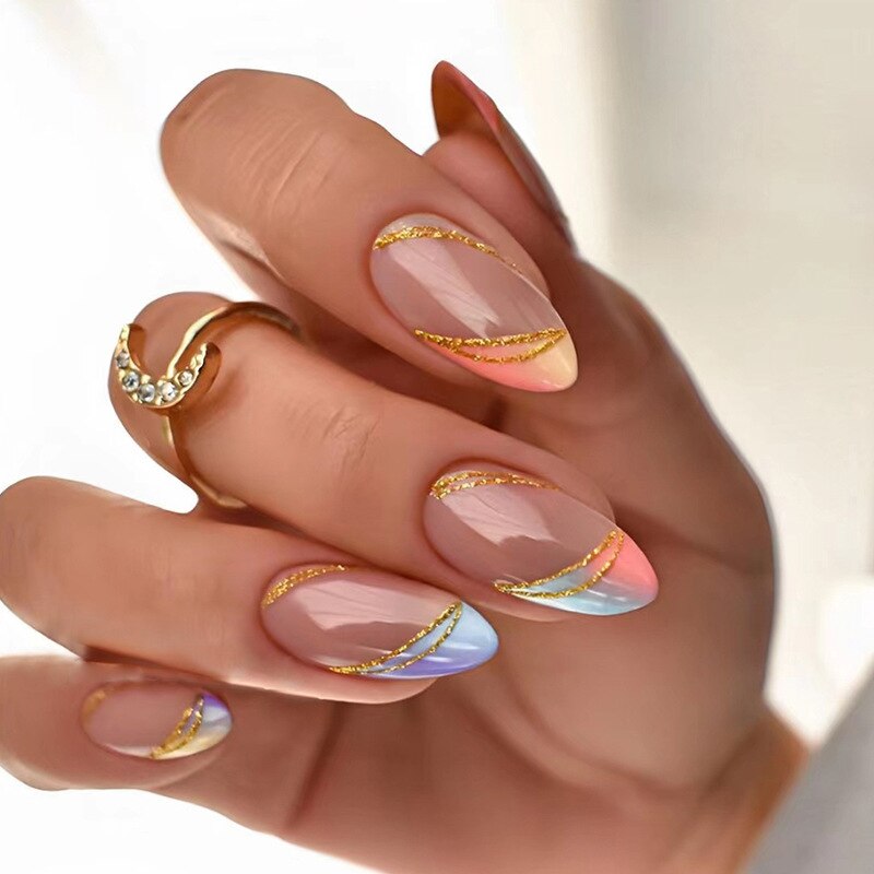 24pcs Almond Full Cover y2k black Sweet Fake Nails with glue cool Stiletto press on nails French artificial Nails With designs