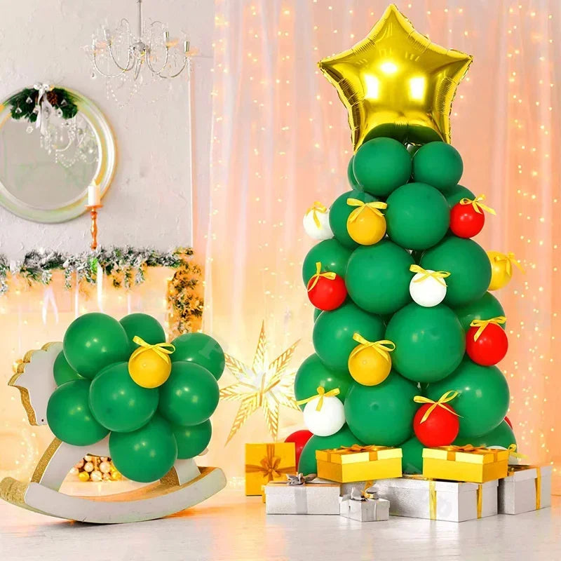 Christmas Party Decoration Dark Green Latex Balloons Package Forest Series Christmas Tree Set Star Foil Balloon Ribbon