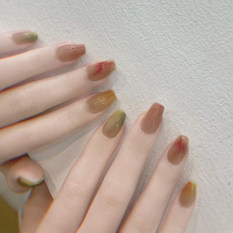 24pcs Press on Nails Short Fake Nails with Glue Jelly Gradient Design Detachable Artificial Nail Acrylic Coffin False Nails Tips