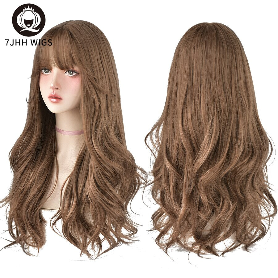 WIGS Brown Ash Long Deep Wave Hair Lolita Wigs With Bangs Synthetic Wig For Women Thick Curls Wigs