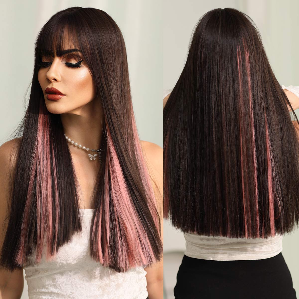 Long Wavy Middle Part Wine Red Wig for Women Daily Cosplay Party Synthetic Highlight Pink Hair Wigs Lolita Heat Resistant
