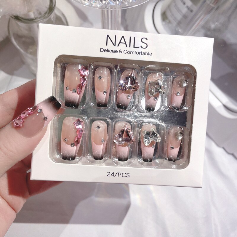 24pcs Butterfly decorated false nails Removable Long Paragraph Manicure fake nail tips full cover acrylic for girls nail