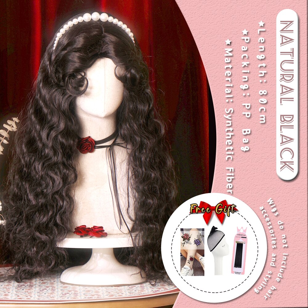 Extra Long Curly Hair with Bangs Cosplay Party Lolita Synthetic Wigs Heat Resistant Fiber