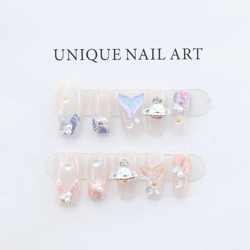 Fishtail Style Handmade Fake Nail Pink And  Blue With Pearls Medium T-shaped Removable And Reuse Press On Nail Sticker With Glue