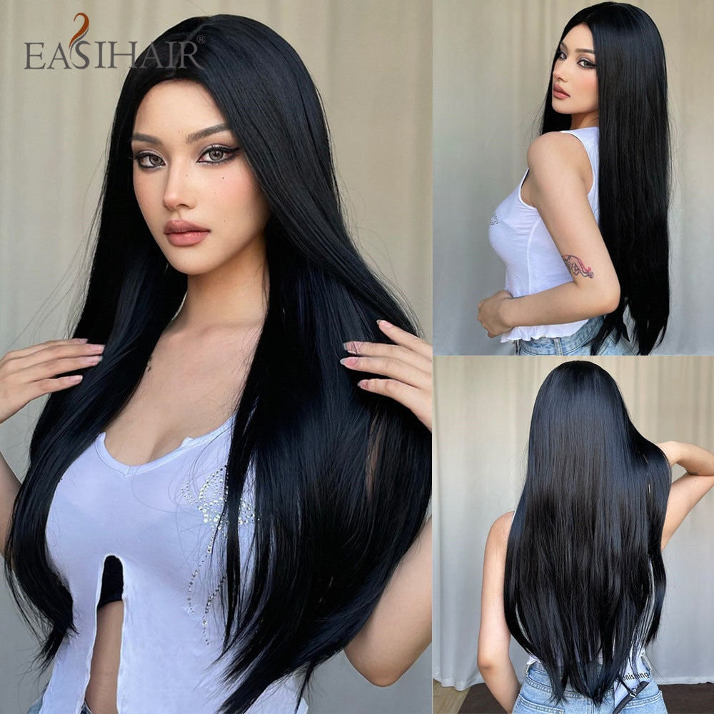 Long Straight Bangs Wigs Natural Ombre Dark Brown Synthetic Hair Wig for Women Daily Cosplay Party Heat Resistant Fiber