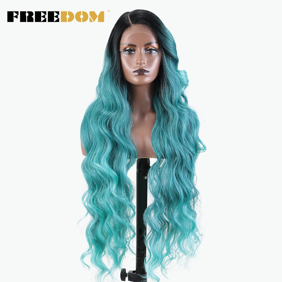 Synthetic Lace Wigs For Black Women Super Long Body Wavy Side Part Lace Wig Brown Ombre Blue Cosplay Wigs Heat Resistant
