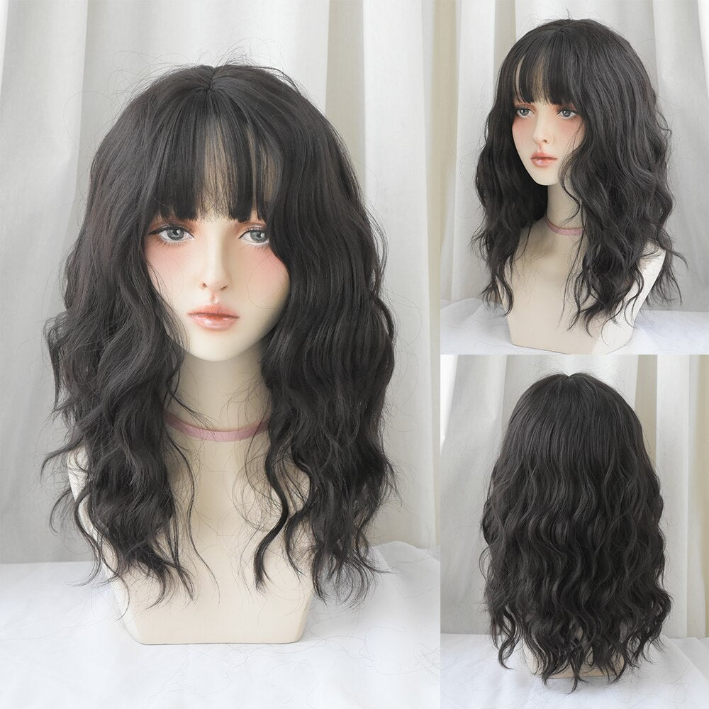 Long Curly Hair Women Wig with Bangs Daily Brown Black Pink Lolita Cosplay Braided Wigs Heat Resistant Fiber