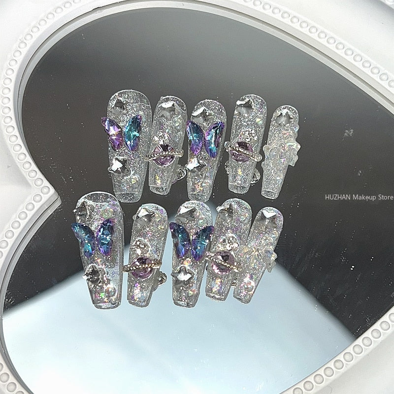 Handmade Purple Glitter Rhinestone Butterfly Fake Nail With Glue Bling Press On Nails Y2K Reusable Coffin False Nails Tips Gift