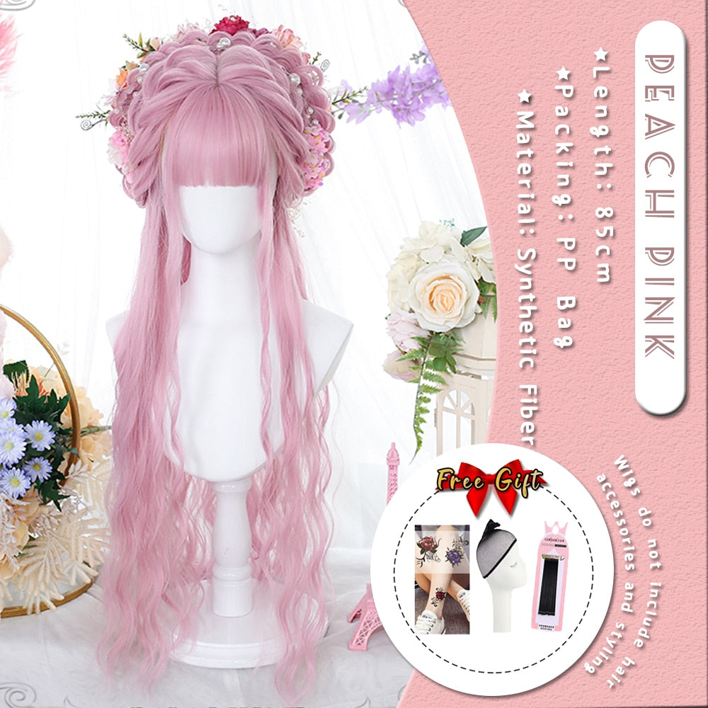 Extra Long Curly Hair with Bangs Cosplay Party Lolita Synthetic Wigs Heat Resistant Fiber