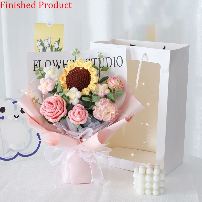 Finished Product Knitting Flowers Rose Tulip Fake Flowers Bouquet Wedding Decoration Hand-woven Home Decorate Knit Flower Gifts