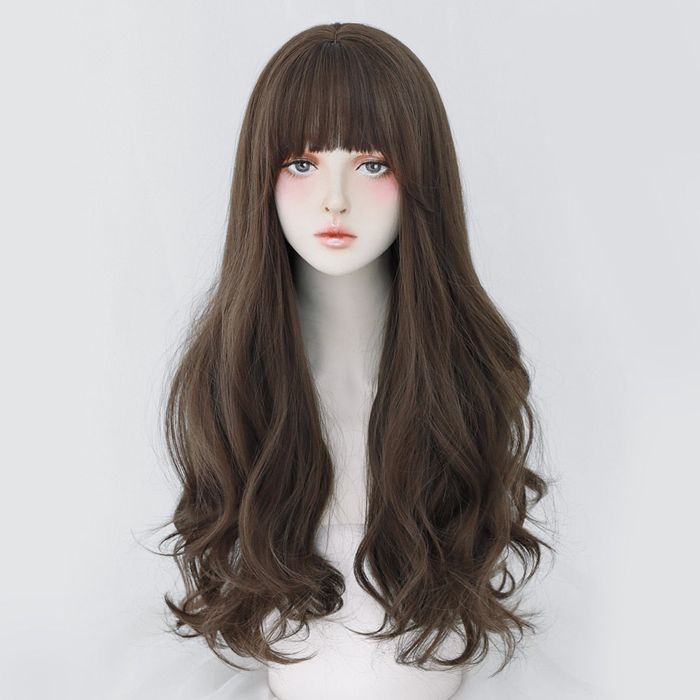 Long Curly Hair Women Wig with Bangs Daily Brown Black Pink Lolita Cosplay Braided Wigs Heat Resistant Fiber