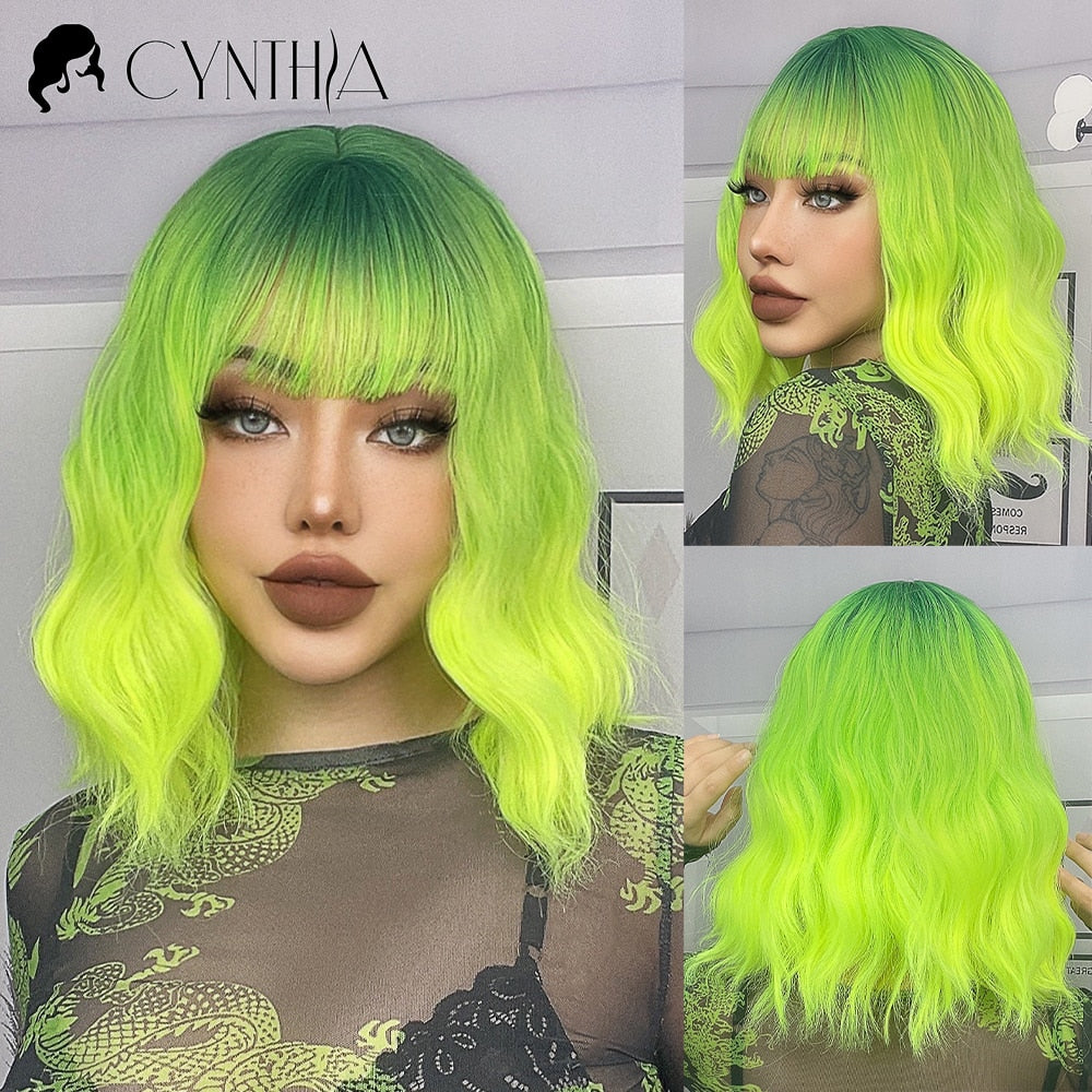 Ombre Blonde Short Bob Synthetic Wig For Women With Bangs White Gold Body Wave Cosplay Lolita Natural Heat Resistant Hair