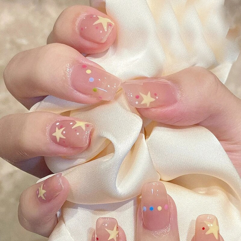 24pcs Press on Nails Short Fake Nails with Glue Jelly Gradient Design Detachable Artificial Nail Acrylic Coffin False Nails Tips