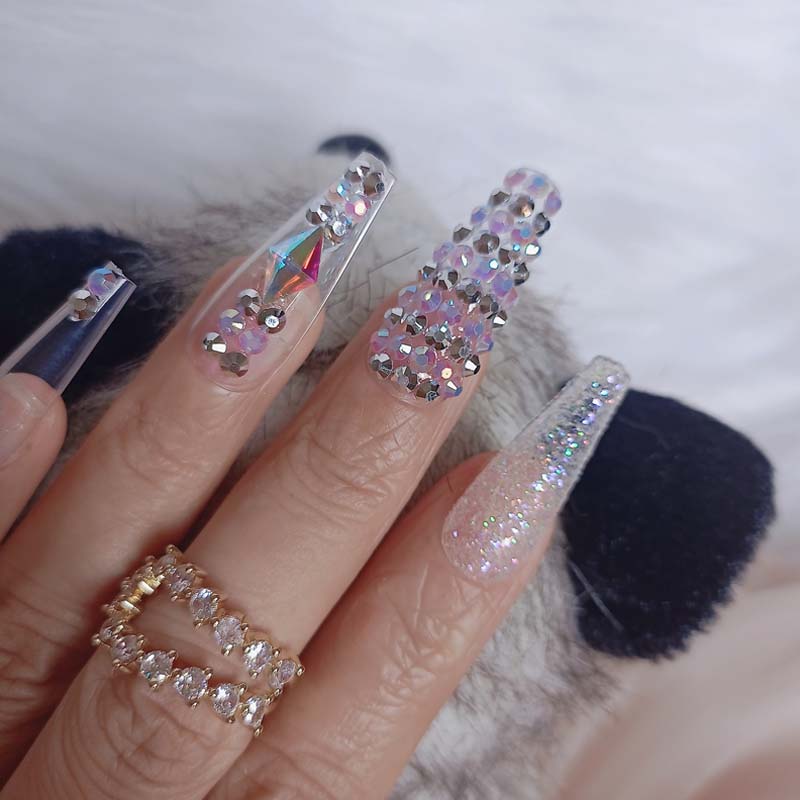 24pcs luxury jewelry long ballet coffin fake nails crystal diamond Transparent