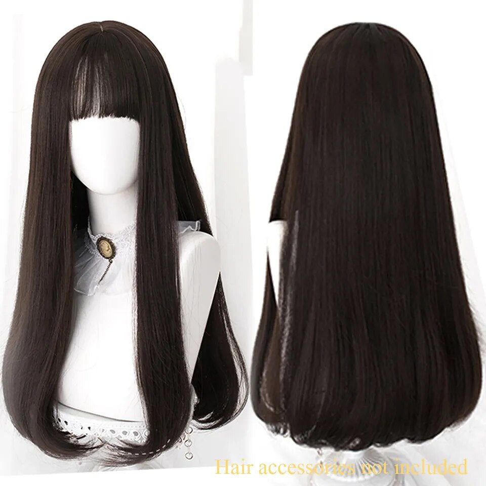 Long Straight Wig with Bangs Purple-White Heat Resistant Synthetic Hair Wigs for African American Girl Lolita Cosplay Wig