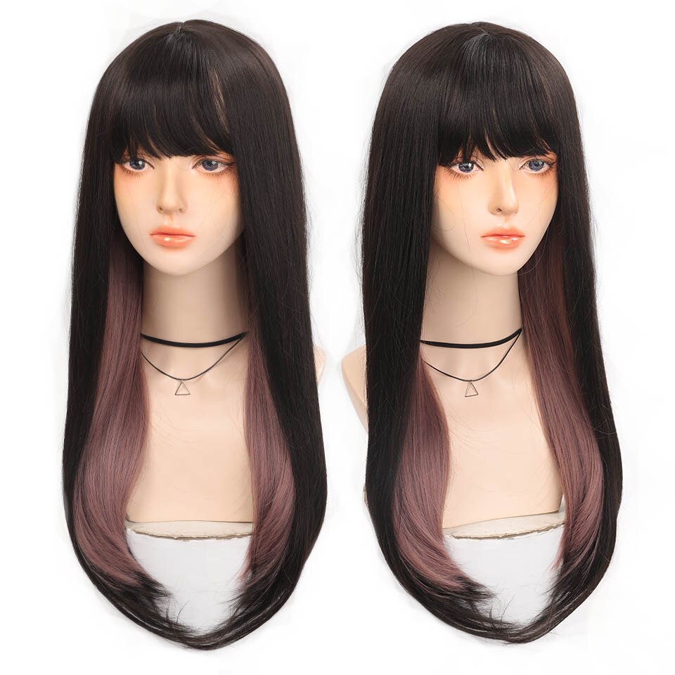 Long straight hair synthetic wig girl pink white gradient bangs cosplay Lolita party heat-resistant wigs