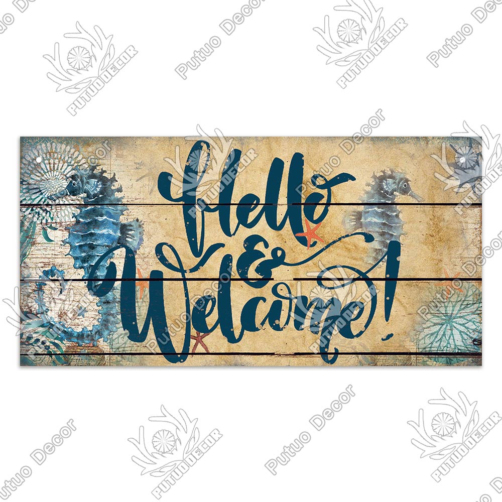 Putuo Decor Beach Home Signs Wood Wall Plaque Wooden Signs Welcome Decor Hanging Plate for Beach House Home Bedroom Tent Decor