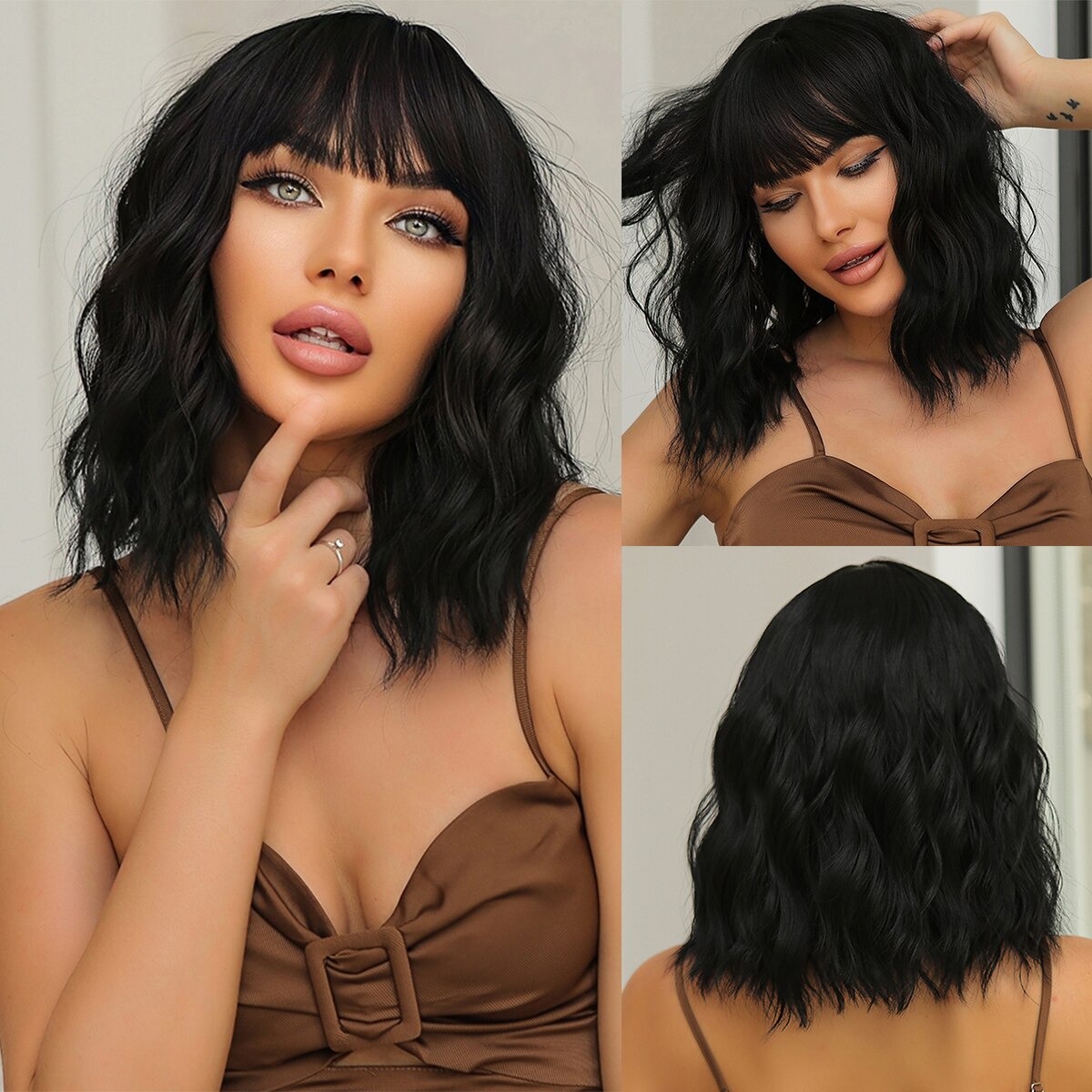 Blobde Ombre Short Bob Synthetic Wavy Wig with Bangs Shoulder Length Wigs for Women Natural Cosplay Hair Heat Resistant