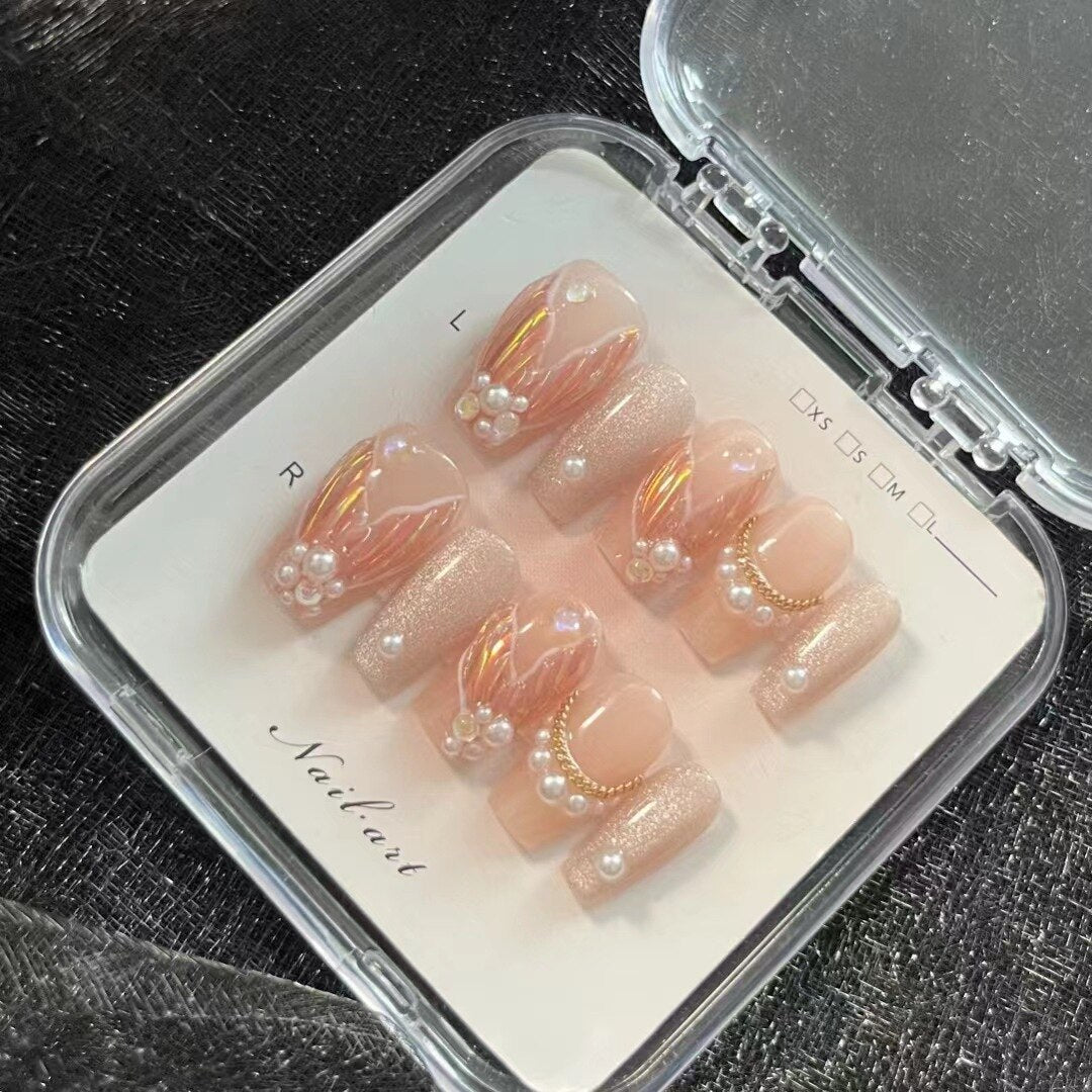 Fishtail Style Handmade Fake Nail Pink And  Blue With Pearls Medium T-shaped Removable And Reuse Press On Nail Sticker With Glue
