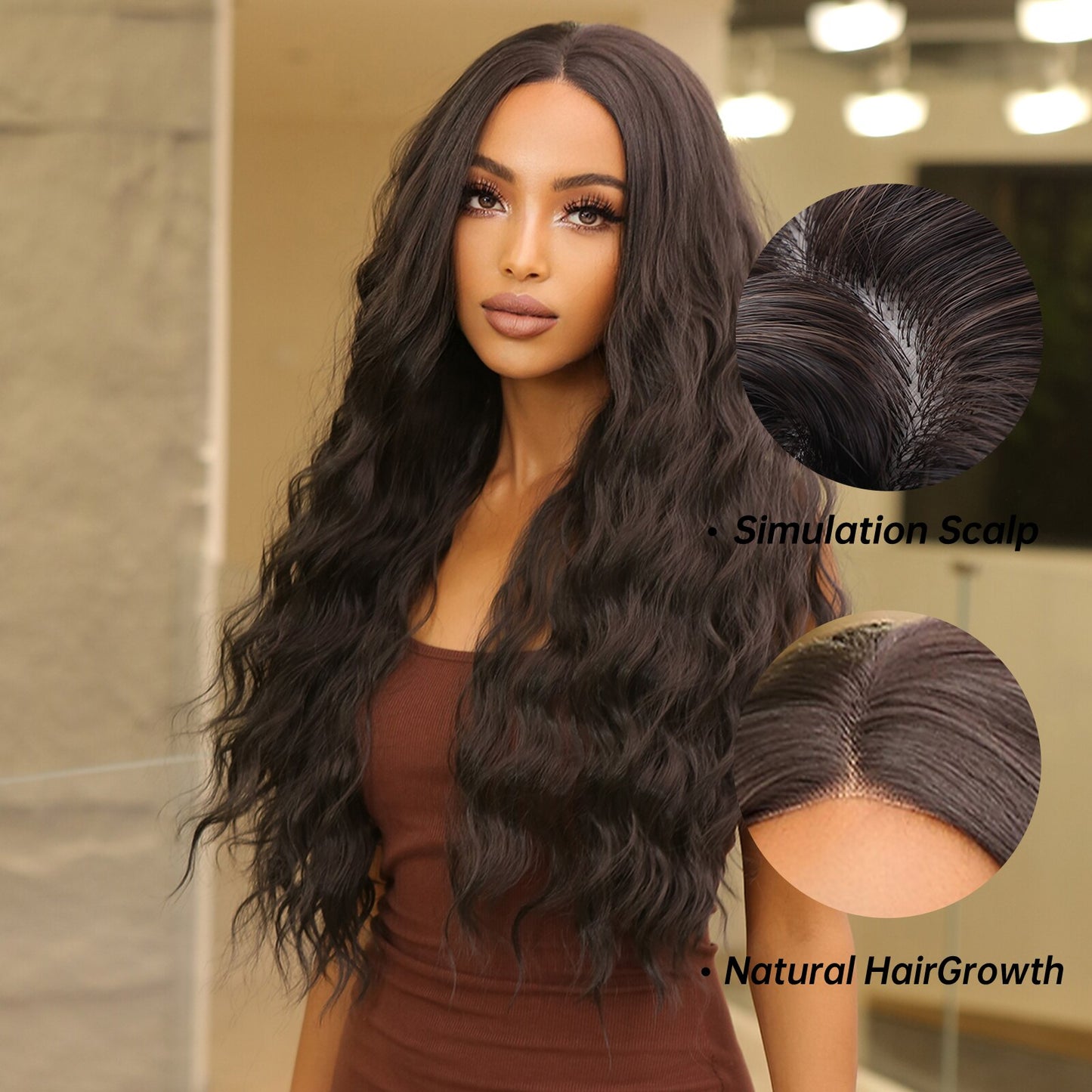 13x4Long Curly Wavy Lace Front Synthetic Wigs Dark Black Brown Deep Wave Lace Wigs Natural Cosplay Futura Hair
