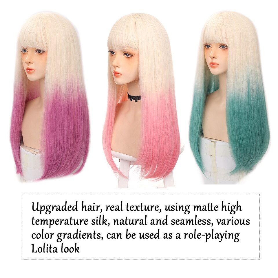 Long straight hair synthetic wig girl pink white gradient bangs cosplay Lolita party heat-resistant wigs