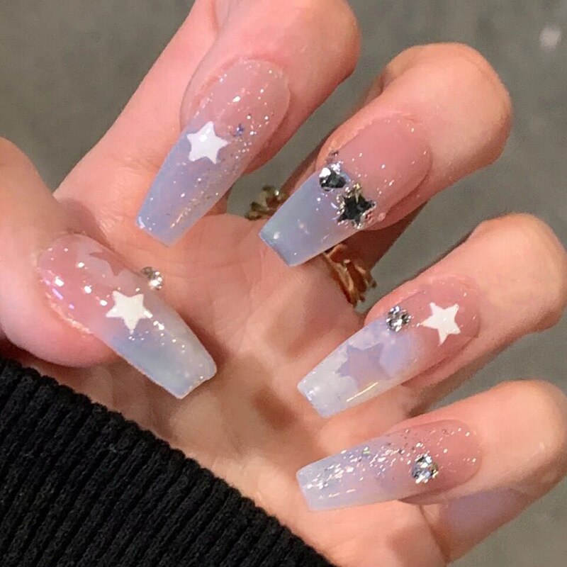 Fake Nails Sets Press on Ballet False Nails with Flower Designs Removable Acrylic Artificial Nails Glitter Nails Art Long Tips
