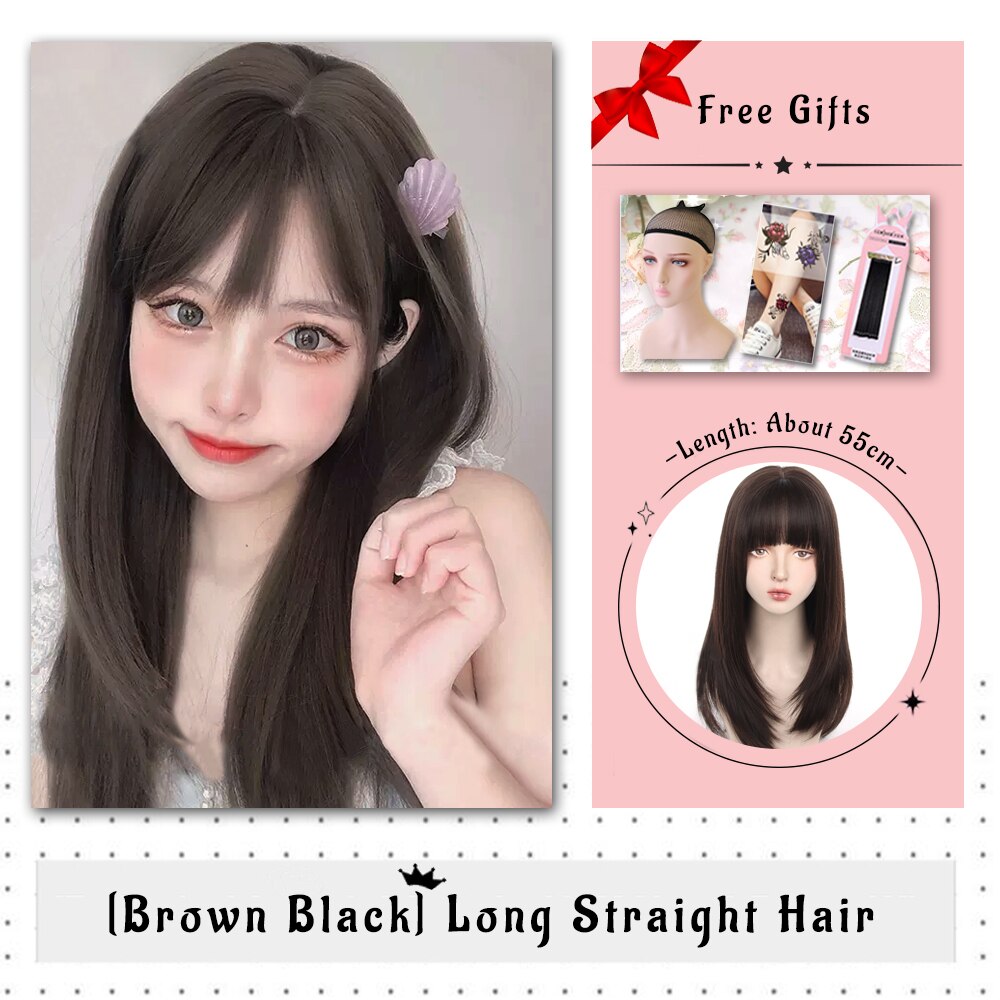 Brown Black Gold Wool Roll Synthetic Wig For Women Long Roll Wig Bangs Cosplay Party Heat Resistant Hair
