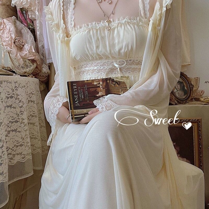 2pcs Nightgown Women Lace Mesh Princess Nightdress Vintage Retro Lady French Royal Court Style Summer Pajama Nightwear Sleepwear
