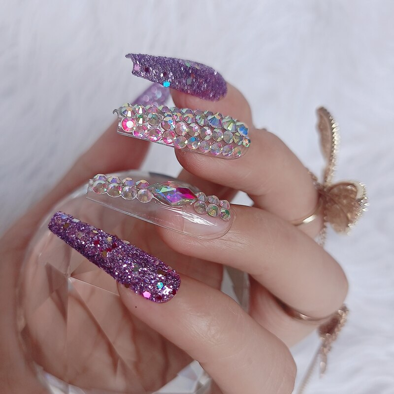 24pcs luxury jewelry long ballet coffin fake nails crystal diamond Transparent