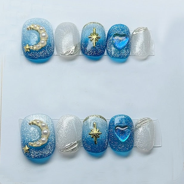 Blue Whale Handmade Wearable Fake Nails Mermaid Ocean Wearing Nails Sticker Reusable Press On Nail Patches Decoration