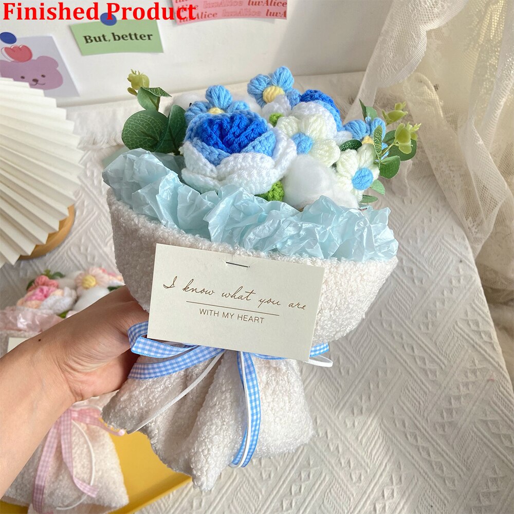 Knitting Flowers Rose Tulip Artificial Fake Flowers Bouquet Wedding Decoration Hand-woven Home Decorate Knit Fake Flower Gifts