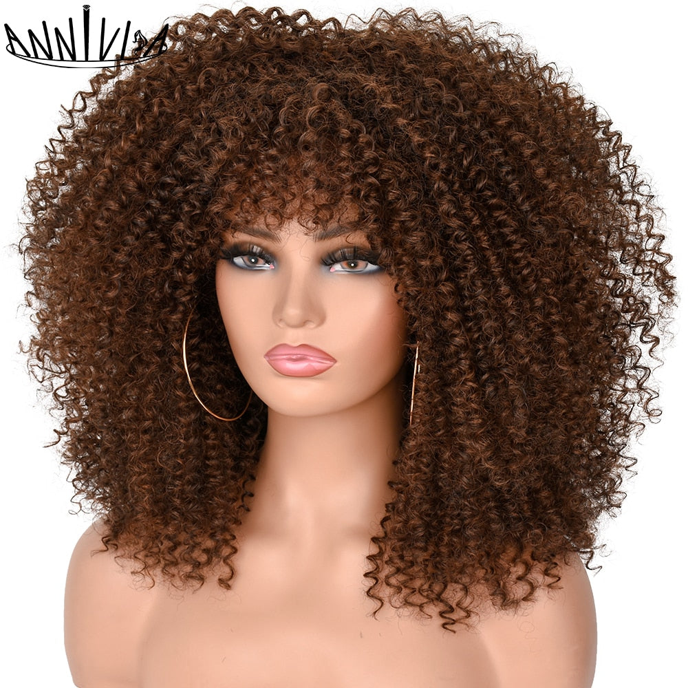 Curly Afro Wigs For Black Women Short Kinky Curly Wigs With Bangs 16inch Brown Afro Hair Synthetic Fibre Glueless Cosplay Hair