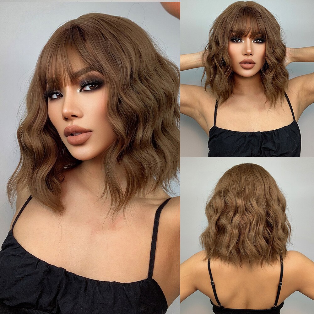 Grey Wavy Bob Wigs With Bangs Short Blonde Wavy Bob With Dark Roots