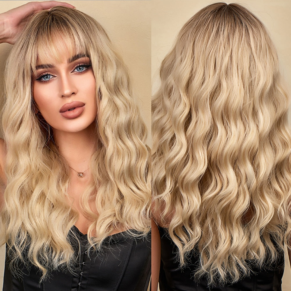 Synthetic Ombre brown to Light Blonde Hair Wig with Bangs Natural Wavy Wig for Women Cosplay Heat Resistant Fiber Wigs