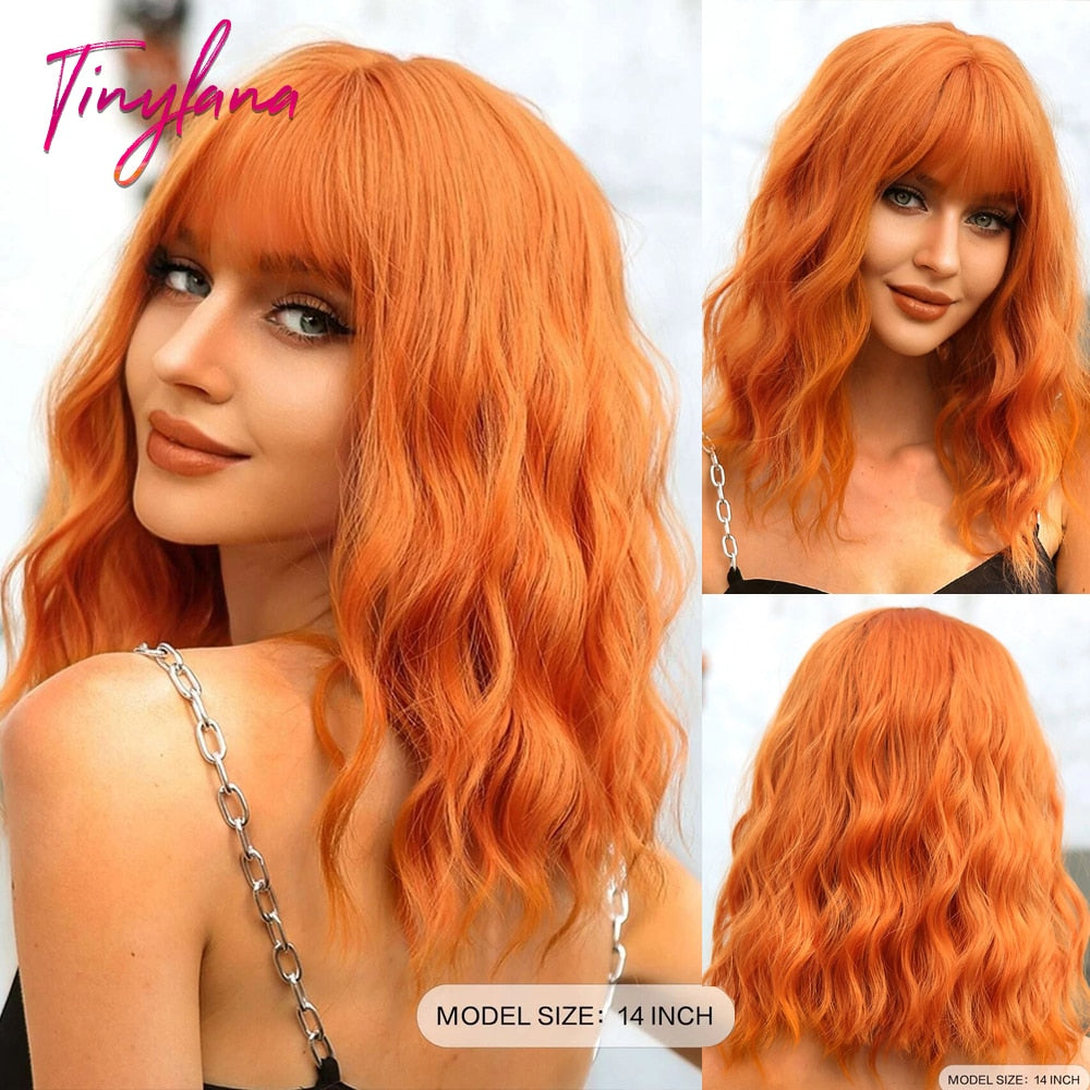 Short Wavy Dark Brown Mixed Golden Wigs with Bangs Black Blonde Bob Synthetic Hair for Women Natural Cosplay Heat Resistant Wig