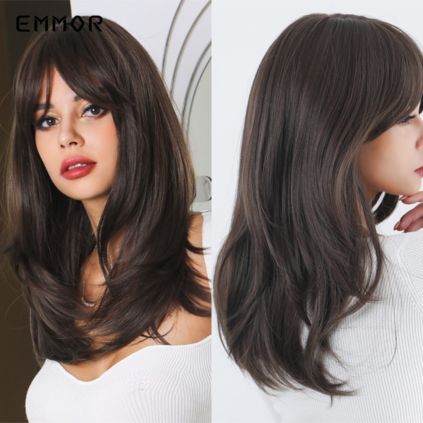 Synthetic Wigs Ombre Pink Brown Wig With Bangs Layered Hair Cosplay Daily Party Natural Heat Resistant Wigs for Women