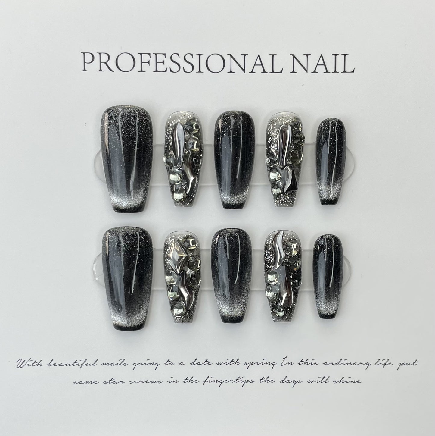 10Pcs Black Y2k False Nails Ballet Handmade Fake Nail Full Cover Nail Tips Wearable Professional Press on Nails with Rhinestone