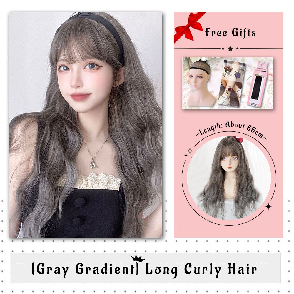 Brown Black Gold Wool Roll Synthetic Wig For Women Long Roll Wig Bangs Cosplay Party Heat Resistant Hair