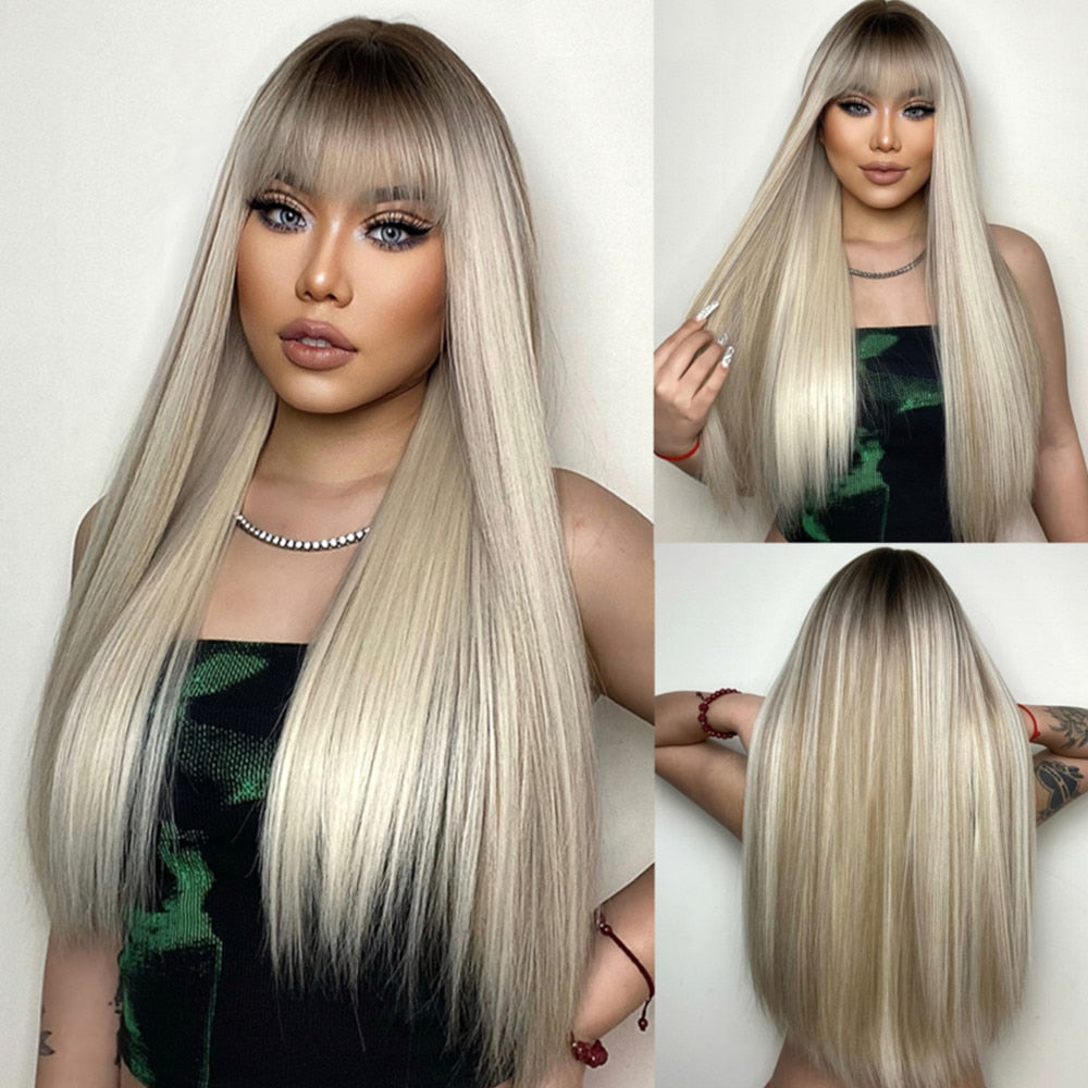 Auburn Layered Wig with Bangs Long Curly Wavy Wig for Women Synthetic Ginger Wig for Daily Party Heat Resistant Hair