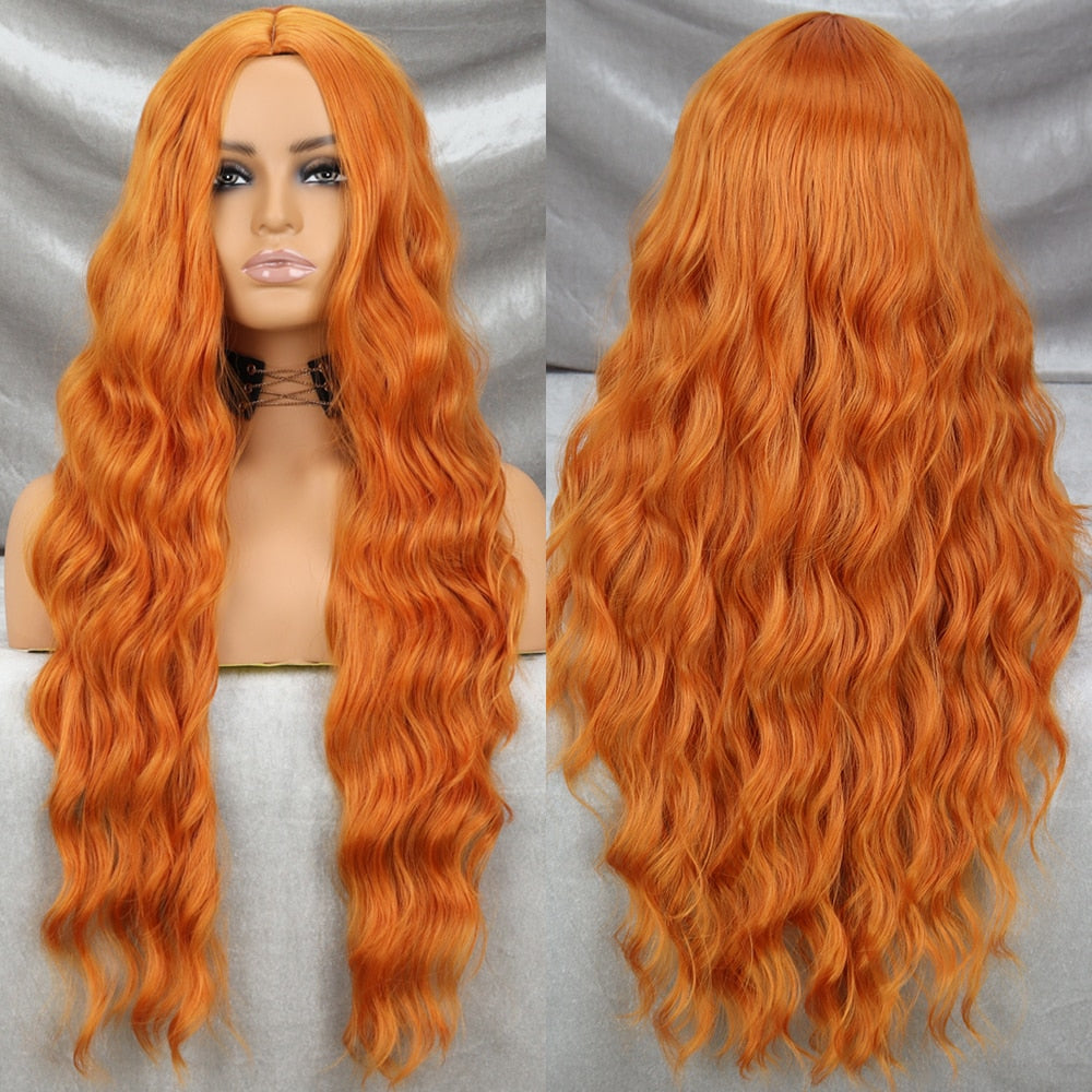 Long Wavy Green Synthetic Wig Women's Heat-Resistant Natural Half Part Cosplay Party Lolita Red Black Pink Wig
