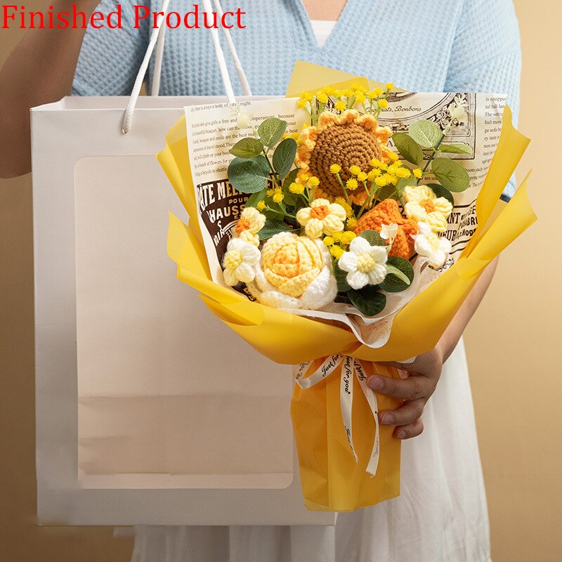 Finished Product Knitting Flowers Rose Tulip Fake Flowers Bouquet Wedding Decoration Hand-woven Home Decorate Knit Flower Gifts